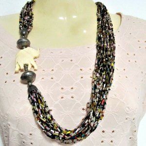 Vintage Elephant Necklace with 25 Strand Multi Colored Glass Beads size 27 inch